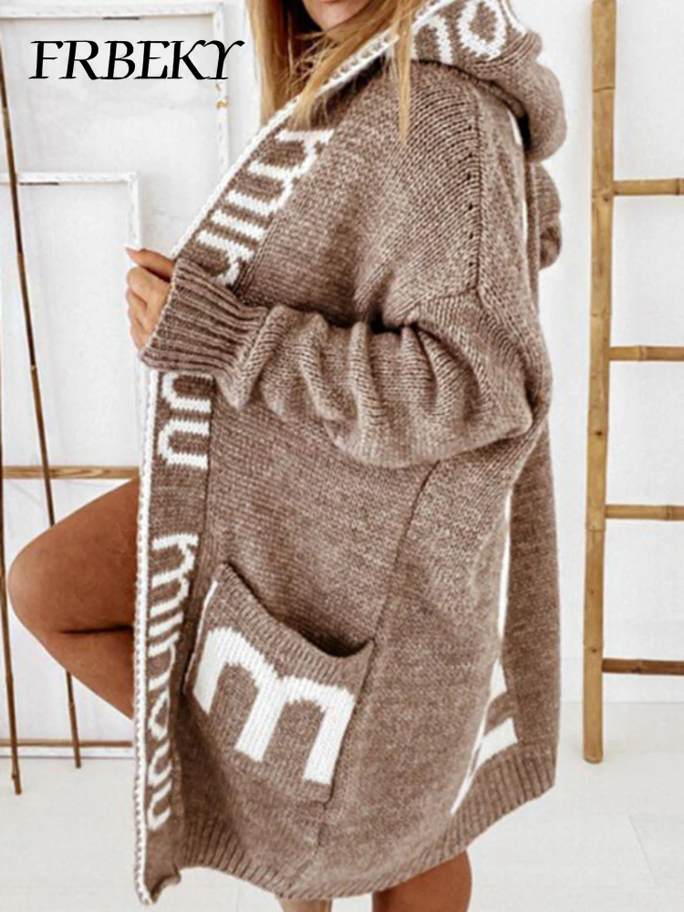 Cardigan Women Winter Printed Knitted Sweater Mid-length Pullover Hooded Cardigan Jacket Knitwears Oversized Sweater Knit Coat