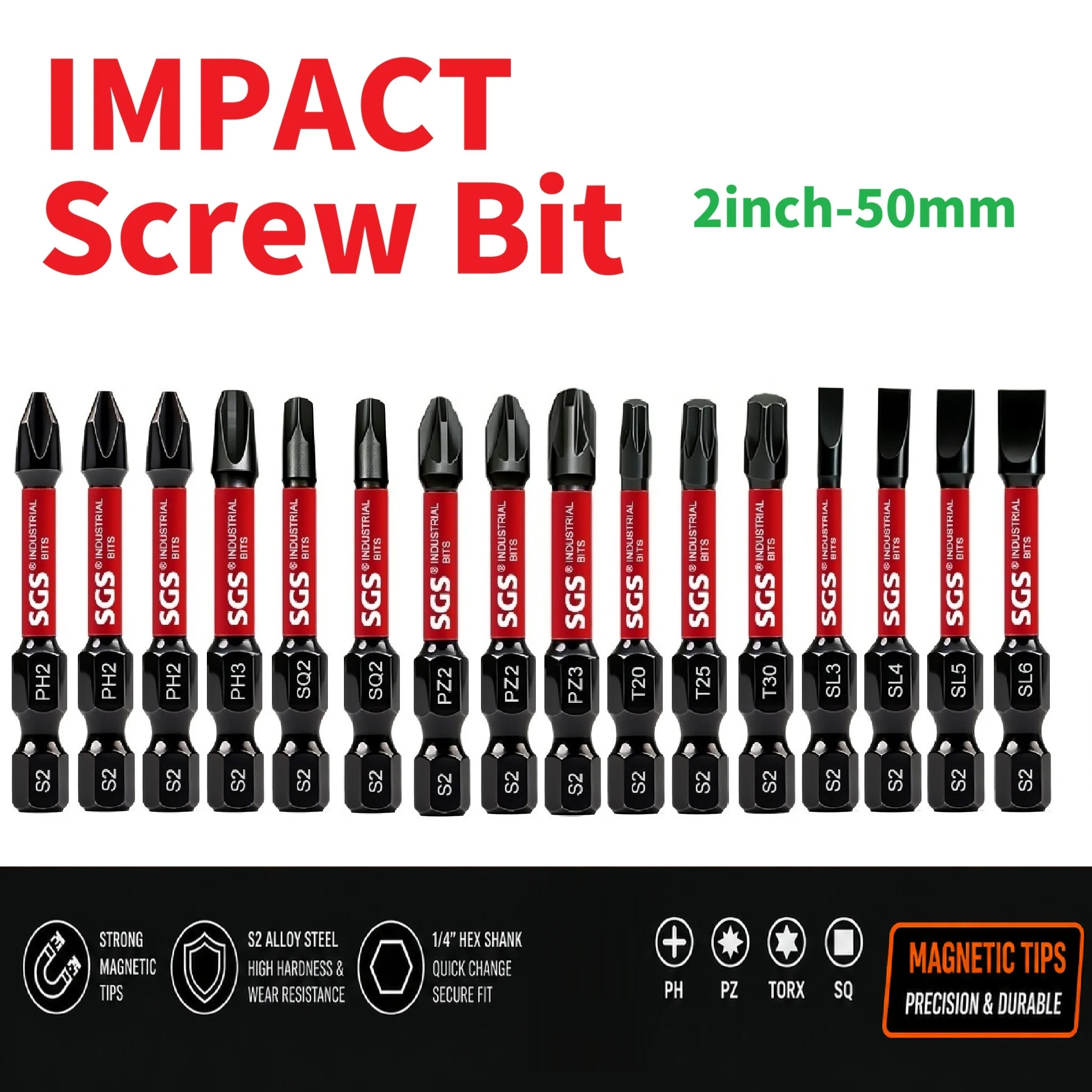 16PCS Magnetic Impact Screwdriver Bit Set, S2 Steel Drill Bits, PH2×3 PZ2×2 SQ2×2 T20 T25 T30, 50mm Multi-Type Bits with SL3 SL4 SL5 SL6 & Storage Case view 3