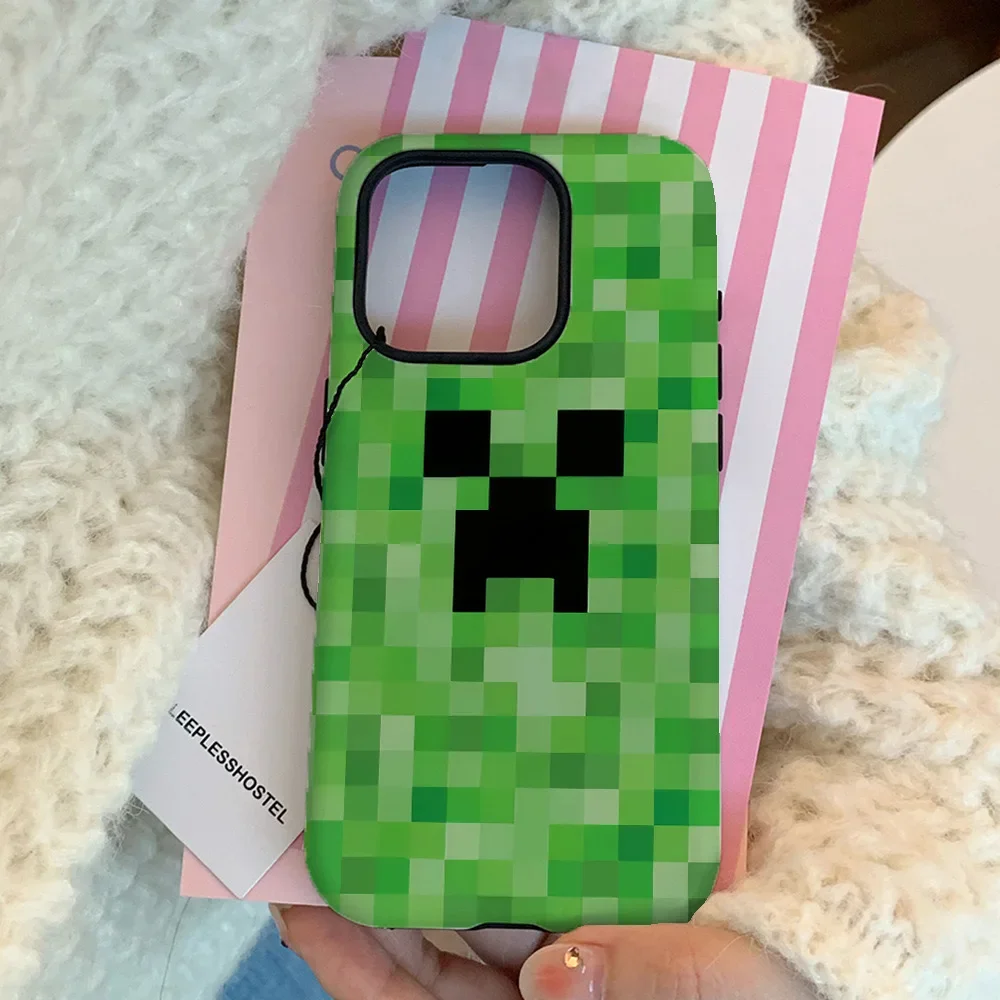 Hot Cartoon Green Pixel Monster Phone Case for IPhone 16 15 14 13 12 11 Pro Max X XS XR XSMax 7 8 Plus Glossy Film Hard PC Cover