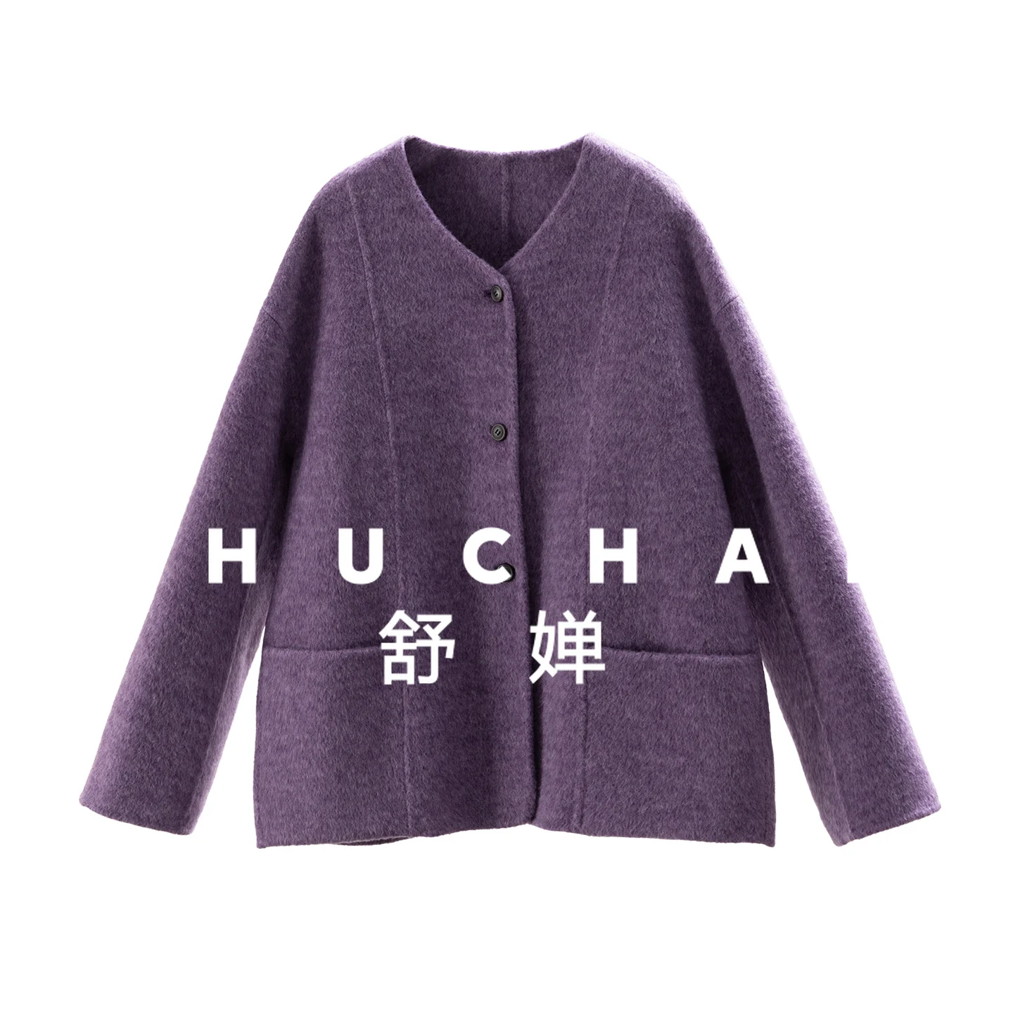 

Eye-catching charm purple, French G cashmere wool double-sided woolen yarn crew neck coat women's 7Y20
