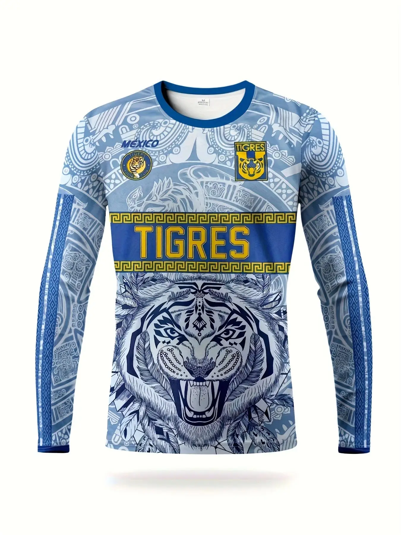 Mens Tiger Mexico Football Jersey Long Sleeve with Tiger Stripes and Aztec Design Great for Soccer Matches and Special Fan Gifts