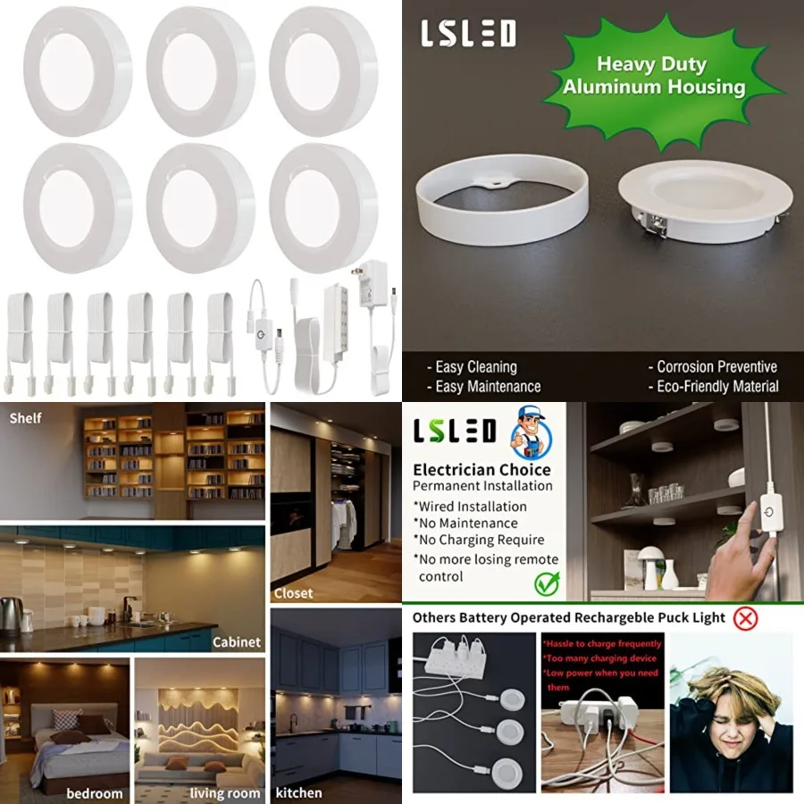 

LED Puck Lights Kit Wired, Dimmable Under Cabinet Lights Aluminum Housing with Touch Switch, 18W 000K Warm White for Kitchen, C