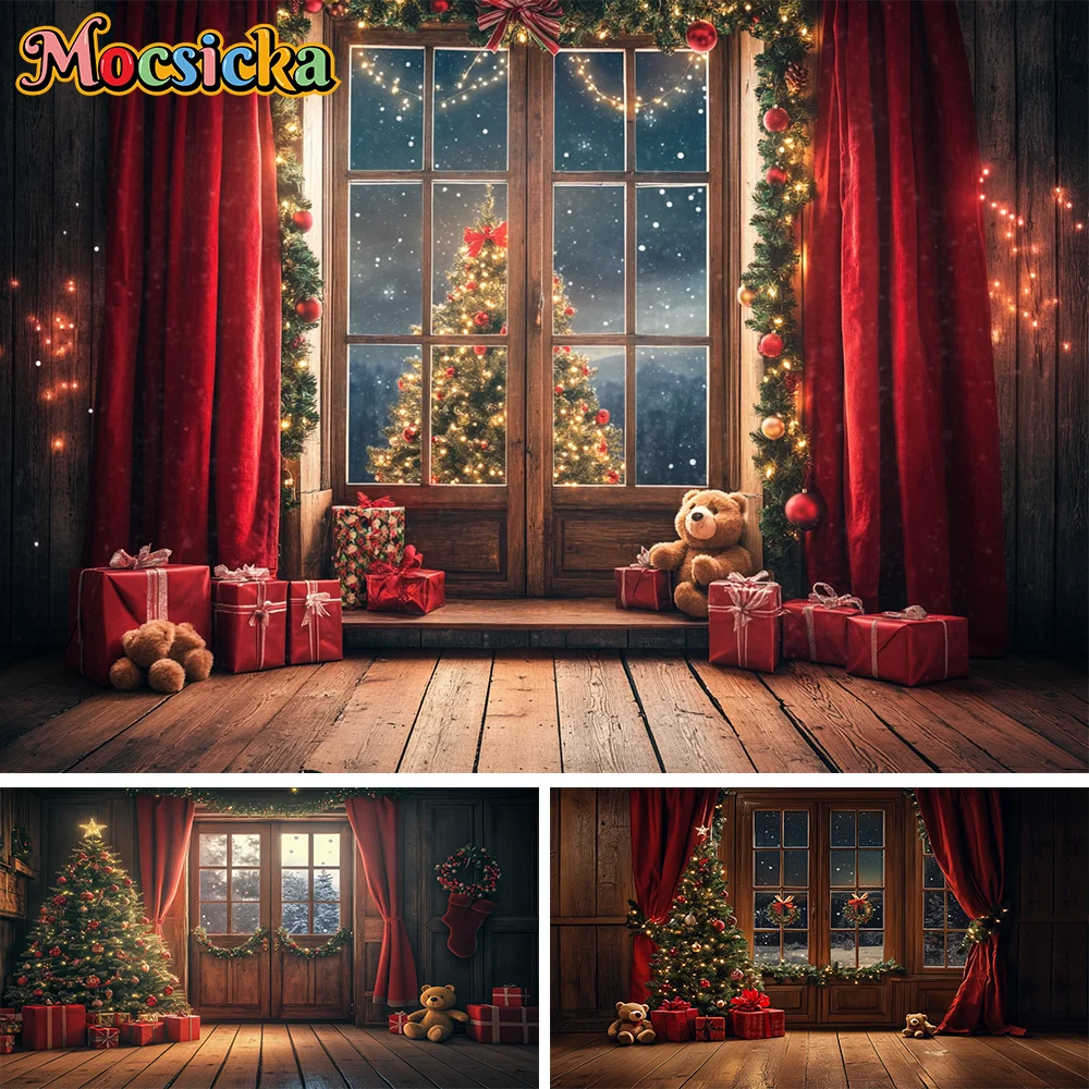 

Xmas Tree Christmas Backdrops Children Party Indoor Portrait Photographic Banner Wood Door Clock Star Decor Photo Backgrounds