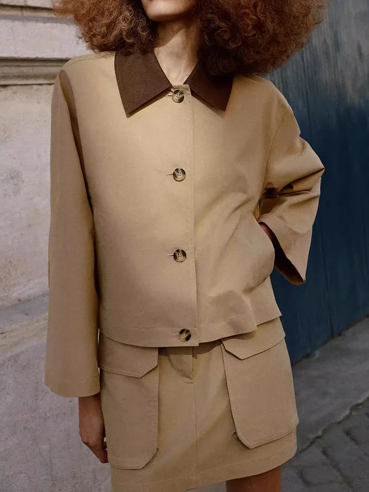 

Spring 2026 Women's Casual Long Sleeve Short Coat Commute Turn-down Collar Patchwork Leisure Fashion Standard Fit Outerwear