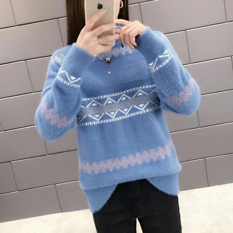 

Cashmere Sweater Woman Half High Neck Pullover Casual Knitted Tops Spring/Autumn Female Jacket Korean Fashion Printing T263