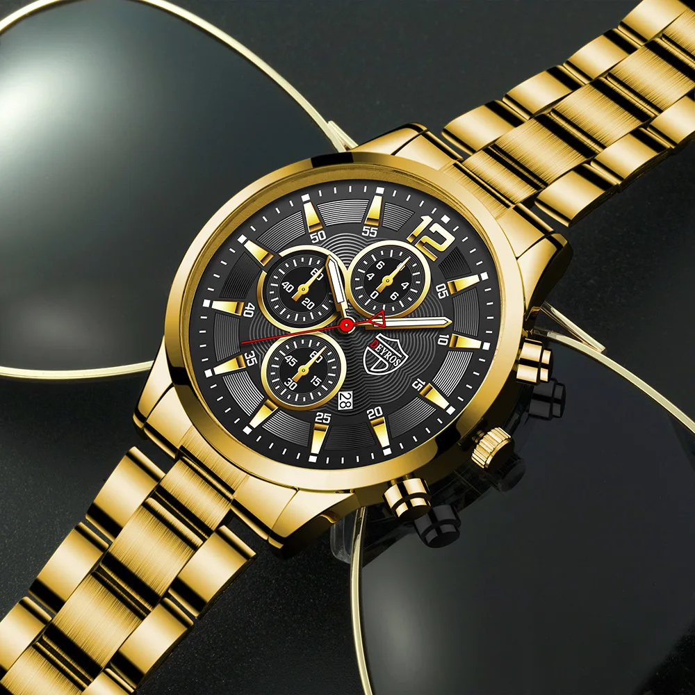 Men's Fashion 4pcs/set Quartz Watch with Date Function, Cuban Necklace, Ring and Bracelet, Thanksgiving  Ideal Gifts for Men