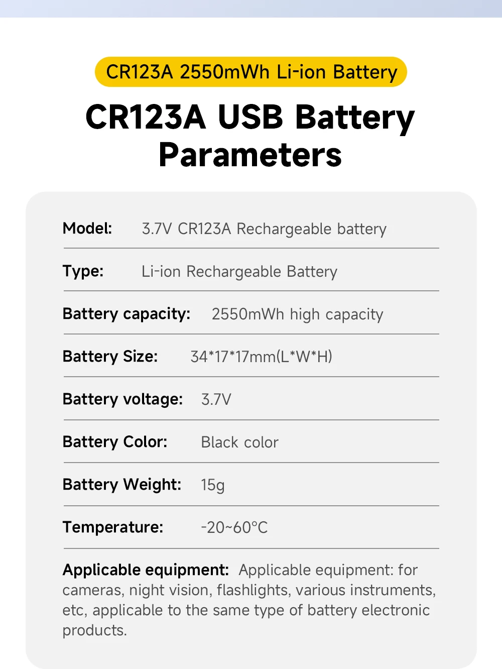 CITYORK CR123A Akku 2550 mWh 3,7 V wiederaufladbare Li-Ion 16340 Akkus 16350 RCR123 Akku für LED-Taschenlampe + USB-Typ-C-Kabel – Detail 14