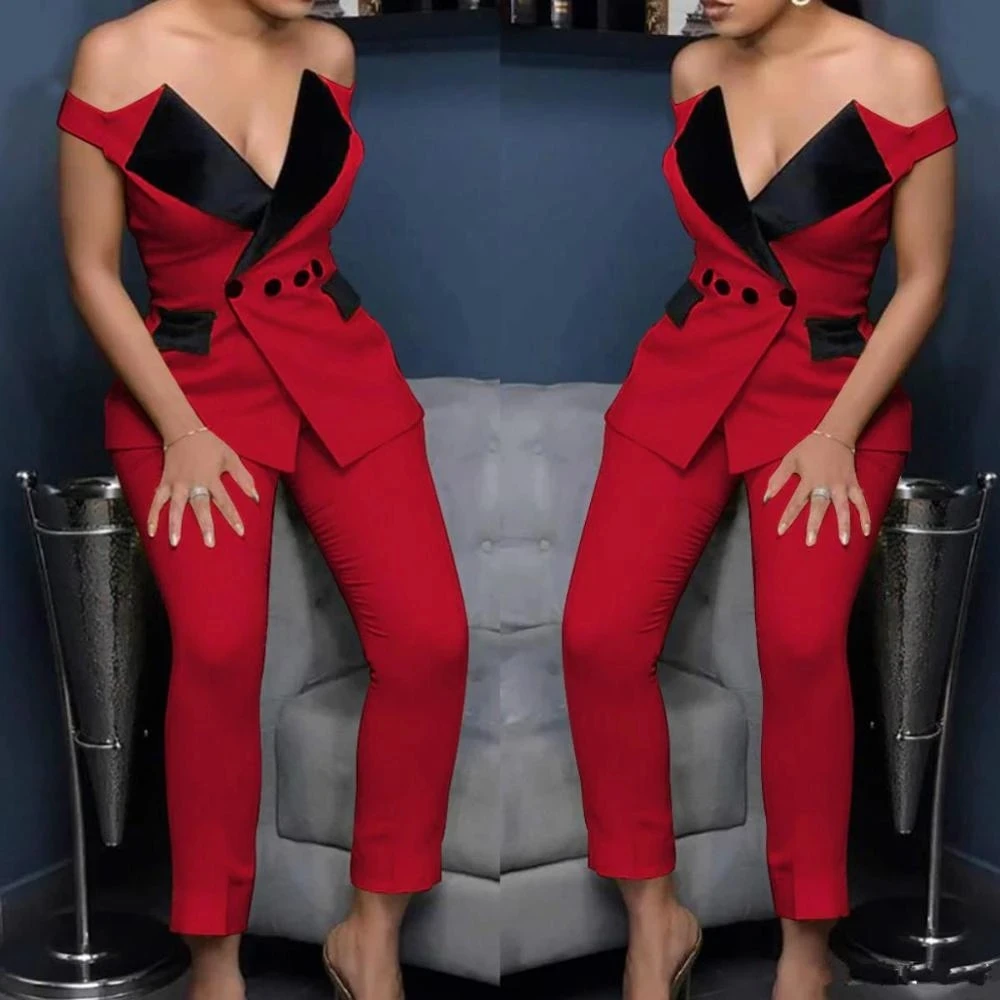 

Red Mother of the Bride Suits Off Shoulder 2 Pieces Women Prom Evening Formal Wear Tuxedos Blazer For Wedding(Jacket+Pants)