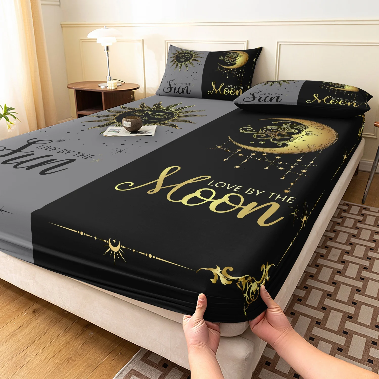 Bohemia Witchy Sun Moon Bedding Print Couple Fitted Sheet Set, 3 Pieces Gray Black Split Sun Moon Golden Star Print Bohemia