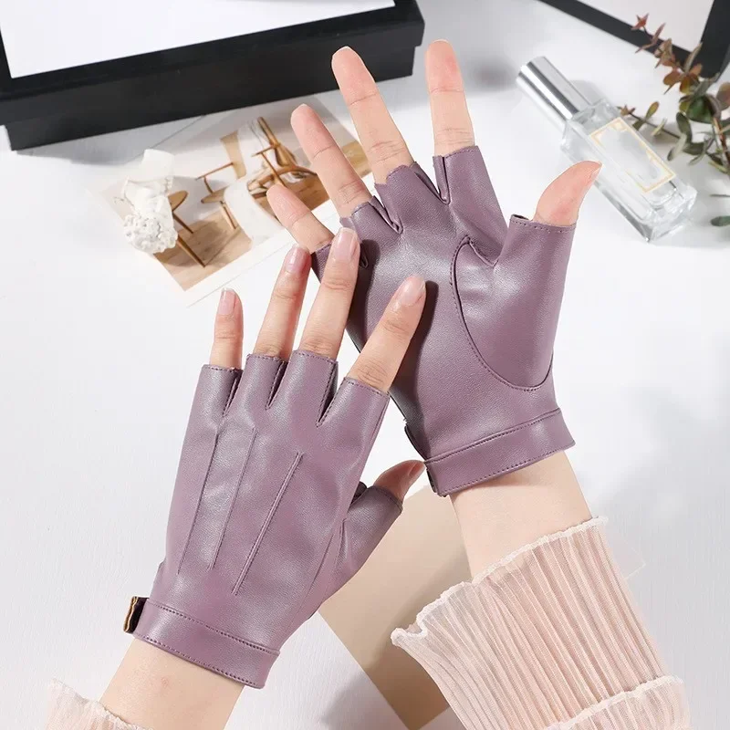 

Fashion Multiple Colors Female Half Finger Leather Gloves Women High Quality Fitness Bike Gloves Girl Driving Riding Gloves