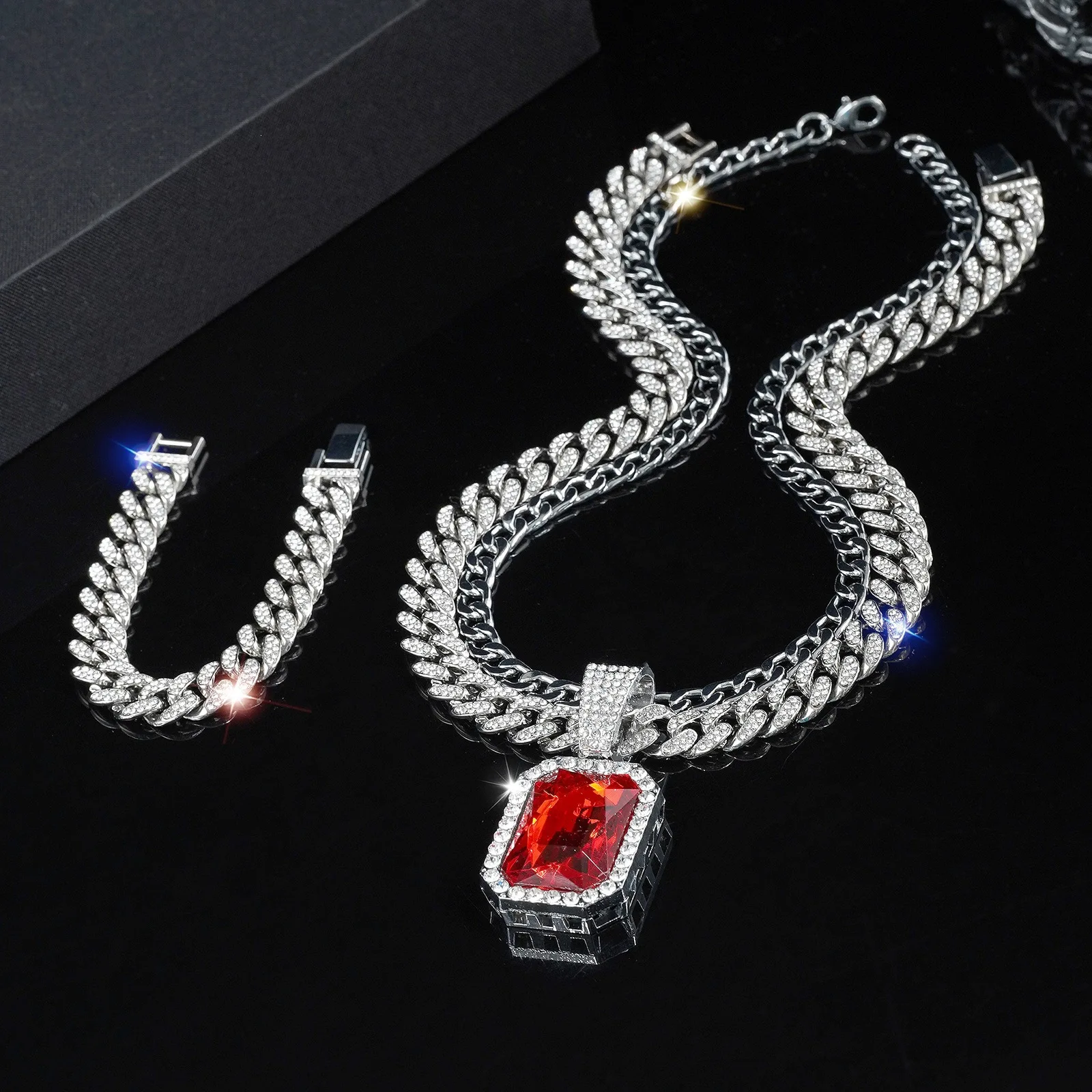 Men's Square Red Ruby Necklace Pendant & Cuban Chain Bracelet Set
