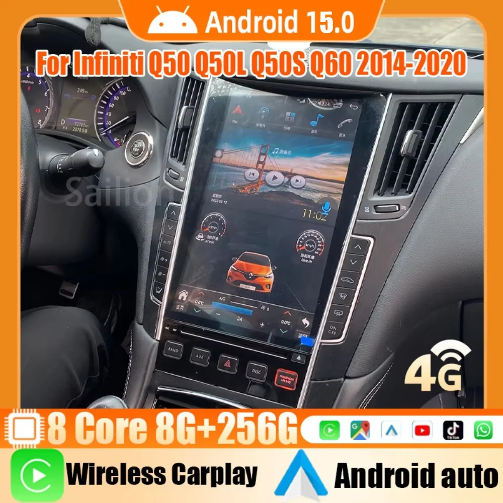 Android15 Car Radio For Infiniti Q50 Q50L Q50S Q60 2014-2020 Tesla Automotive Multimedia Carplay Auto WIFI Bluetooth GPS 4G