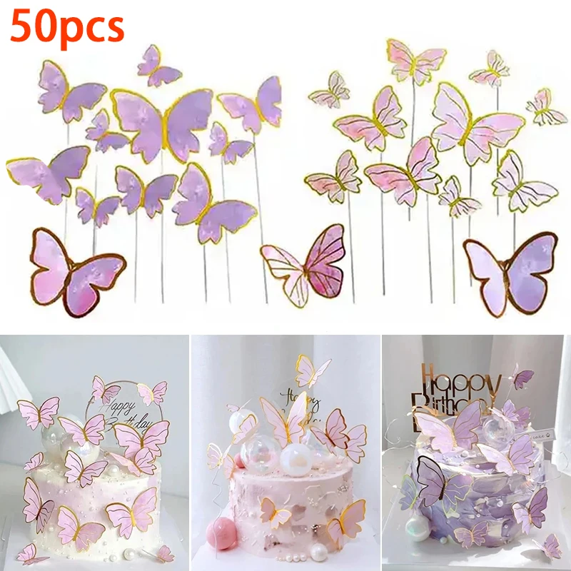 

50pcs Butterfly Cake Toppers Girl Fairy Birthday Cake Wedding Party Dessert Table Decoration Plug-in Stamping Pink Butterfly