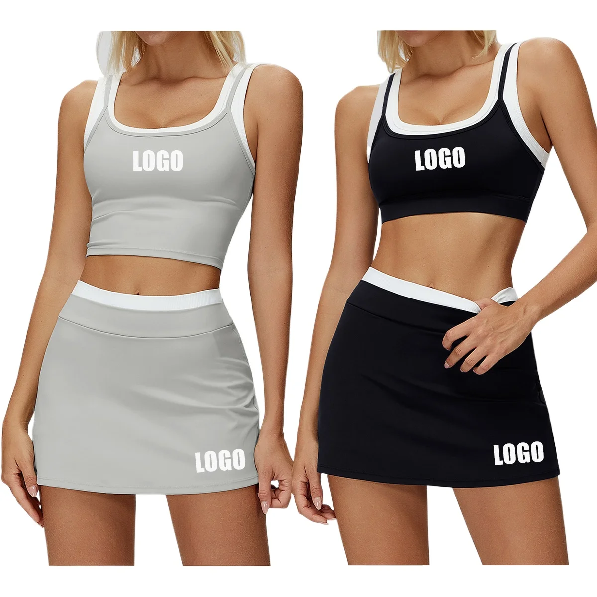 

Женский поддельный комплект из двух предметов с логотипом контрастного цвета, бюстгальтер для йоги, жилет, юбка-маятник, повседневный спортивный комплект из двух предметов для фитнеса