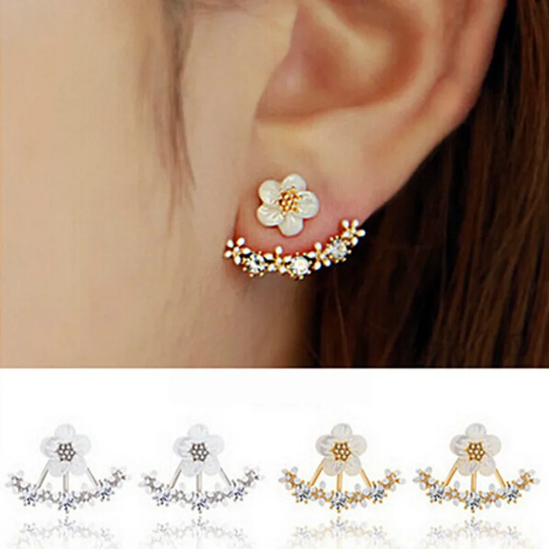 New Fashion Small Daisy Double Side Back Post Hanging Stud Earrings for Women Beautiful Crystal Flower Ear Jewelry Wholesale