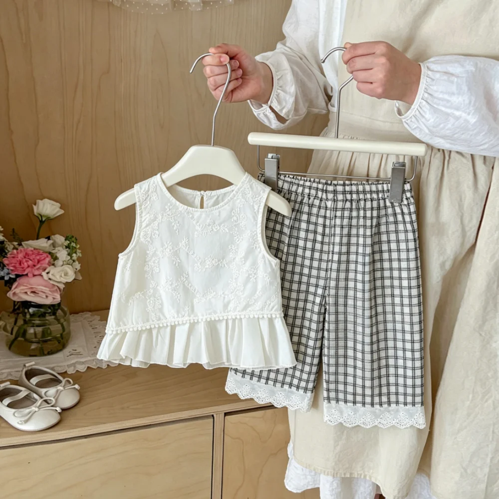

2pc/Set Baby Girl Set Summer Plaid Cotton Sleeveless Top And Pants Girls' Clothing Cute Beach Baby Set Baby Girl Clothing ﻿