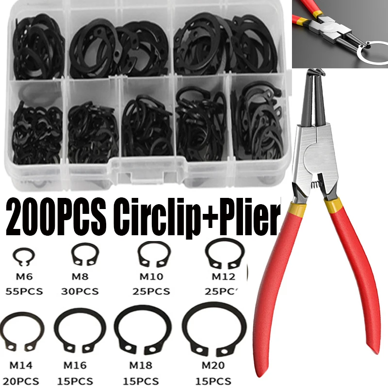 

200Pcs C-clip Washers M6 M8 M10 M12 M14 M16 M18 M20 Internal External Retaining Circlips Snap Retaining Ring +1pcs Circlip Plier