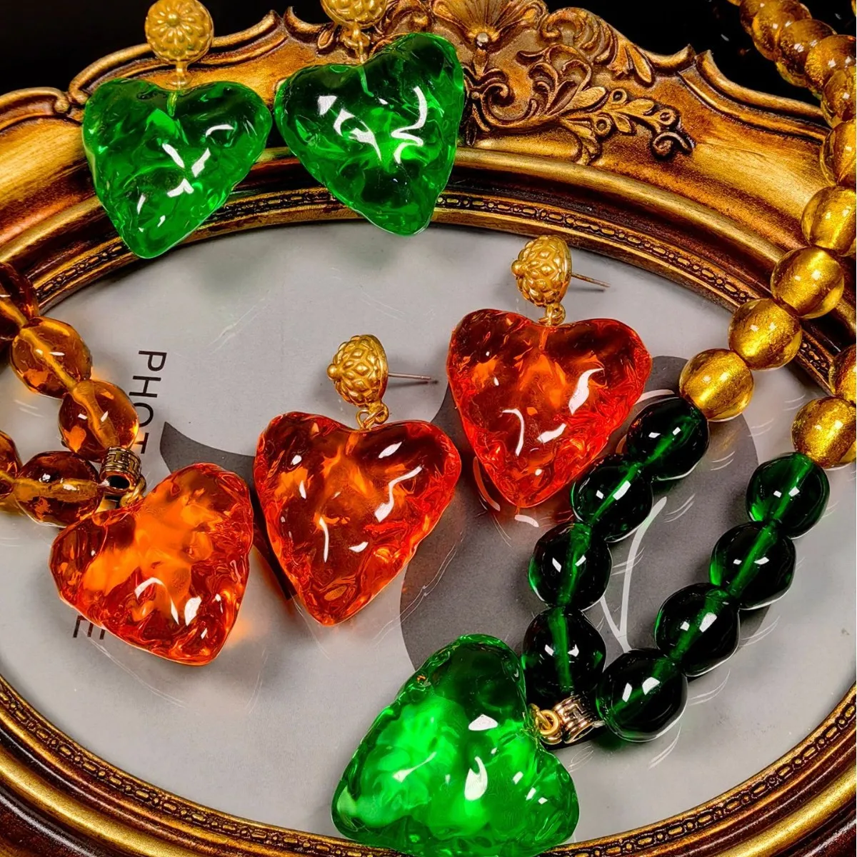 Europe and America Vintage Jelly Glass Heart-Shaped Stud Earrings, Exaggerated Sweater Chain, Fashionable Jewelry Set for Women