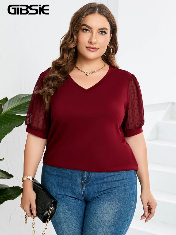 Gibsie Plus Size solide V-Ausschnitt Schweizer Dot Puff Kurzarm T-Shirt Frauen Mode Sommer lose lässige weibliche T-Shirts Tops