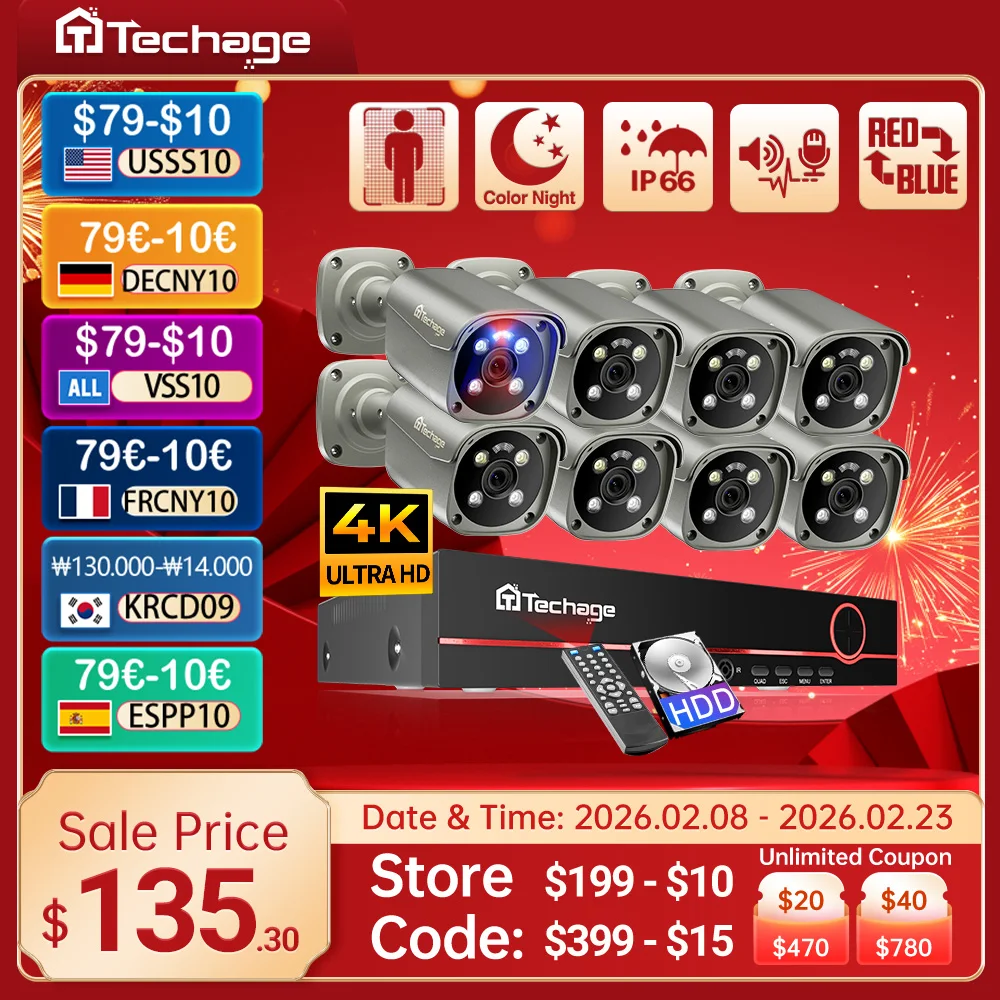 

Techage 8CH 4K UHD 8MP Camera System H.265 PoE NVR Kit Outdoor Video Surveillance AI Human Detect Two-way Conversation CCTV Set
