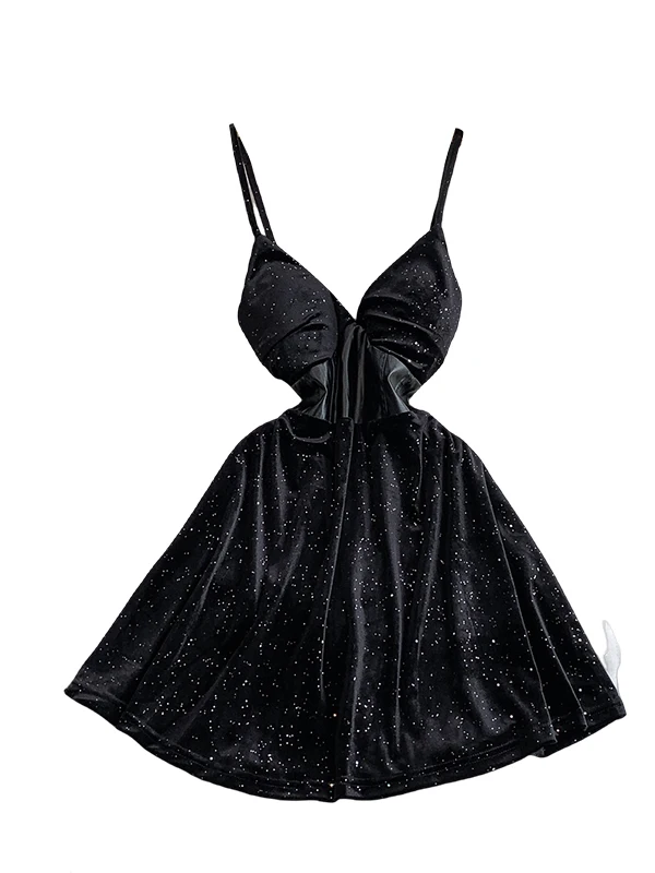 Velluto con paillettes scozzese Vita snellente V-Ne Strapl Dr French Sle Vita alta Gonna a trapezio Abito anti-pilling senza maniche