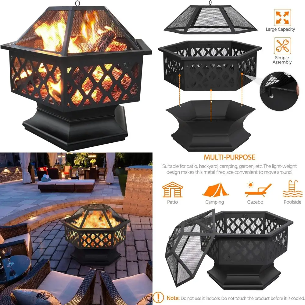 

24" hexagonal outdoor fire pit bowl with spark screen and poker for patio and garden gatherings
