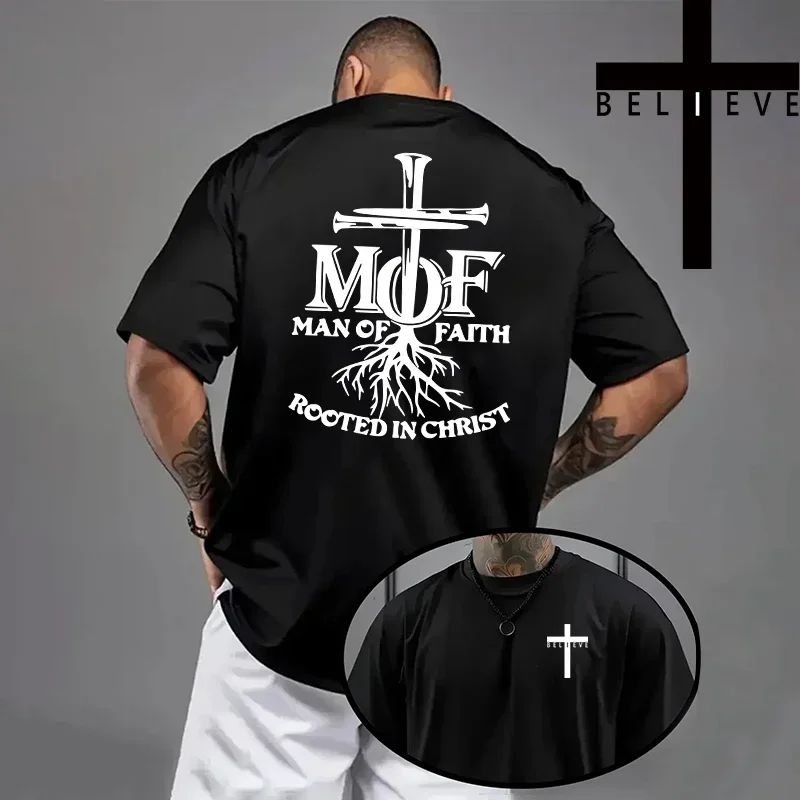 Herren-T-Shirt mit christlichem Jesus-Kreuz-Design, hochwertige Baumwolle, kurzärmelig, Frühling/Sommer, lässiges Mode-Oberteil, einfarbig. – Detail 3