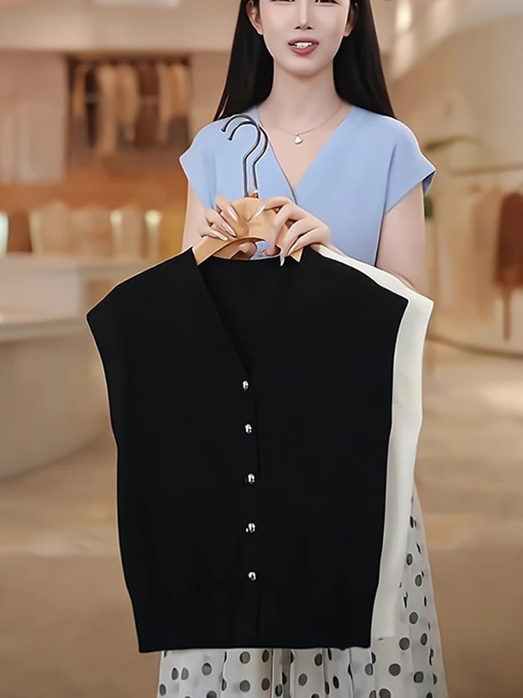 

Однотонный вязаный открытый кардиган из ледяного шелка с V-Ne, простой женский топ на одной пуговице для поездок на работу, дизайн