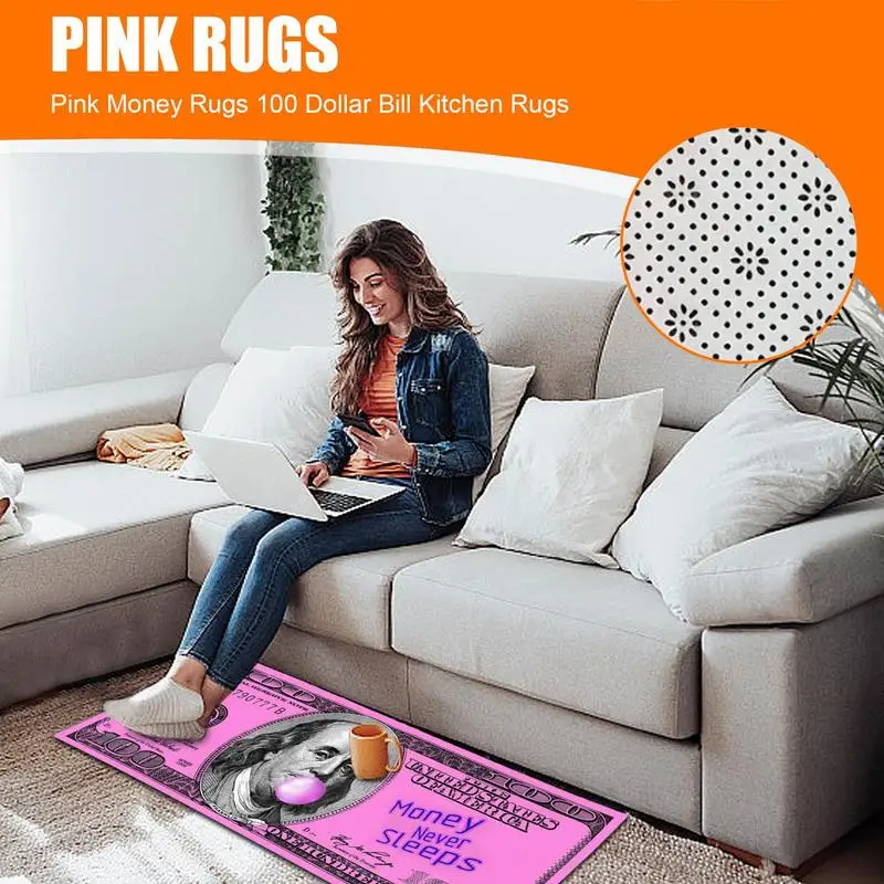 Bathroom Floor Rug Non-Slip Floor Mat Pink Money Rug Kitchen Rug Shower Carpet 100 Dollar Bill Floor Rug Soft Floor Carpet For