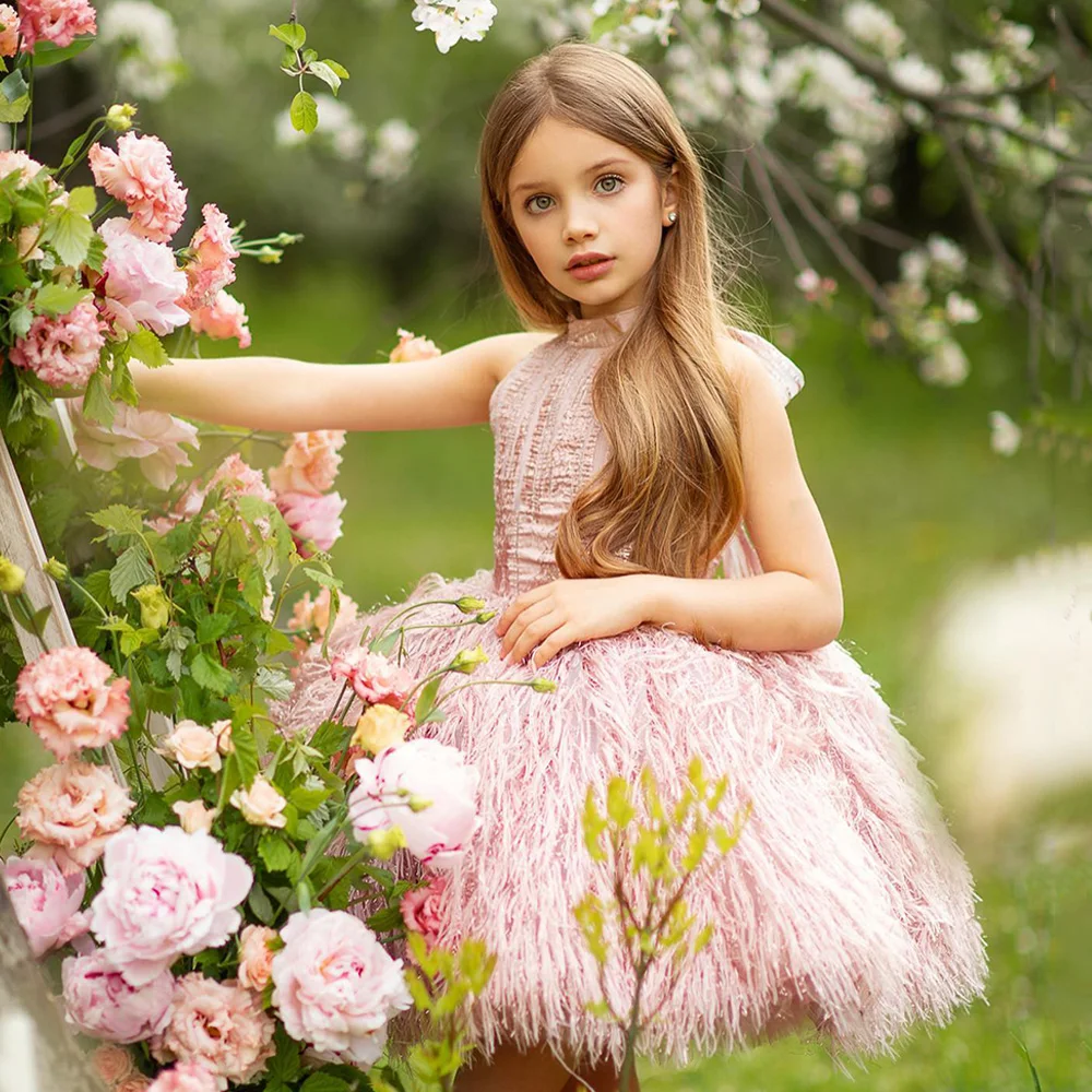 Novas meninas vestidos de festa para pageant halter sem mangas penas puff crianças vestido da menina flor primeiro comunhão sagrada