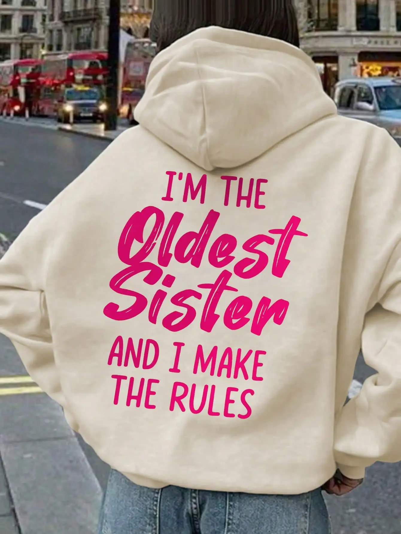 

Кремовая толстовка с ярким розовым принтом «Старшая сестра», повседневный пуловер с длинными рукавами