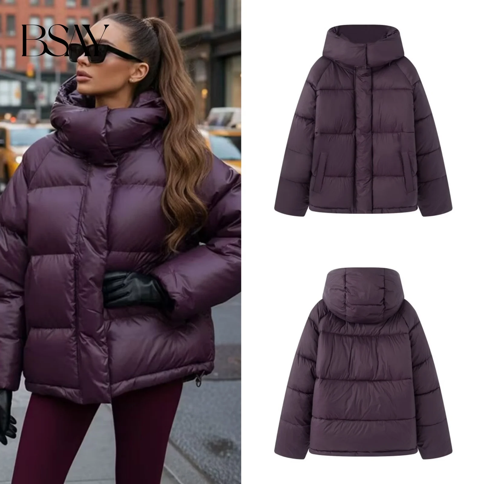 

BSAY Hooded Down Cotton Jacket for Women Fashion Autumn Winter New Solid Color Long Sleeved Short Coats Chic Ladies Tops Mujer