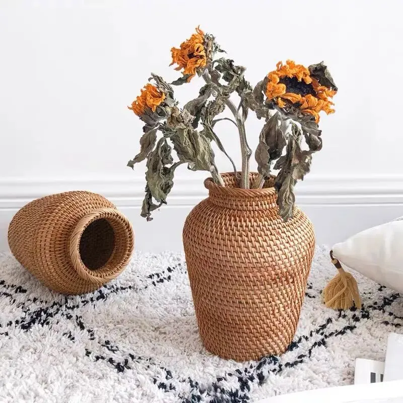 Autumn Rattan Hand-Woven Vase American Pastoral Desktop Storage Shooting Props Furniture Artistic Basket for Flower Arranging