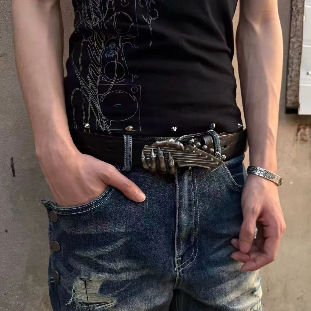 Ghost Hand Guitar Punk Rock Belt Vintage Trendy Men Niche Dark Y2K Cool Metal Leather Belt Party Club Performance Jeans Belt