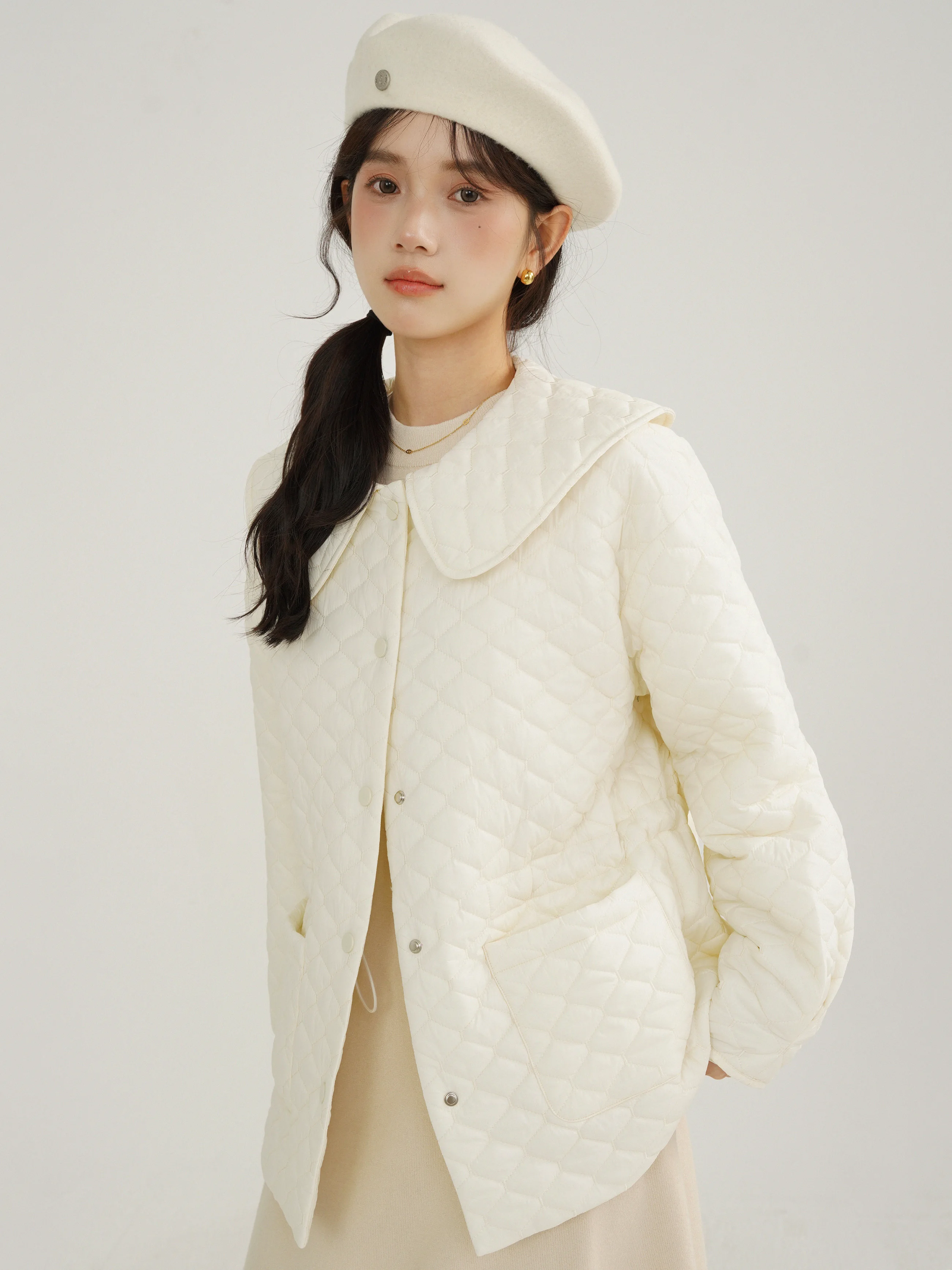 Quilted Doll Collar Cotton Jacket Women Winter Lightweight Warm Padded Coat Cute Slim Short Outerwear Petite Girls Cold Weather