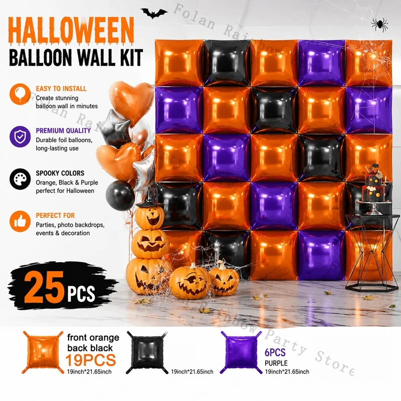 Halloween Balloon Wall Kit 25Pcs Square Foil Balloon Orange Black Purple, Party Photo Background for Halloween Party Decorations