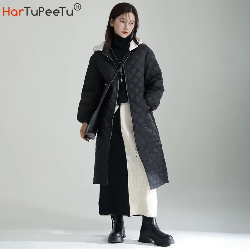 

Winter Hooded Black Jacket Women 2023 Long Argyle Lightweight Coat White Duck Down Padded Autumn Colours Block Parka