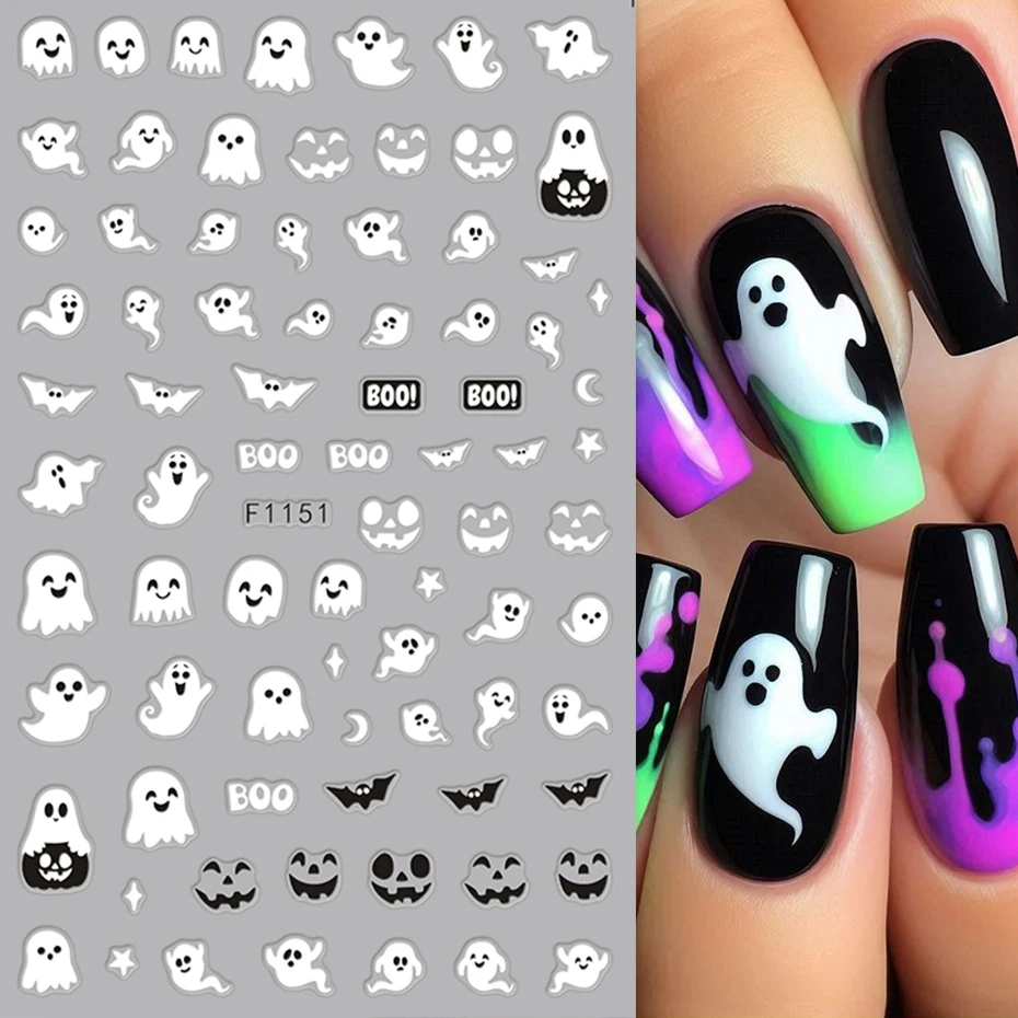 Pegatinas luminosas para uñas espeluznantes de Halloween, calcomanías con diseño de calabaza fantasma blanco que brillan en la oscuridad, decoraciones artísticas para manicura, 2 uds.