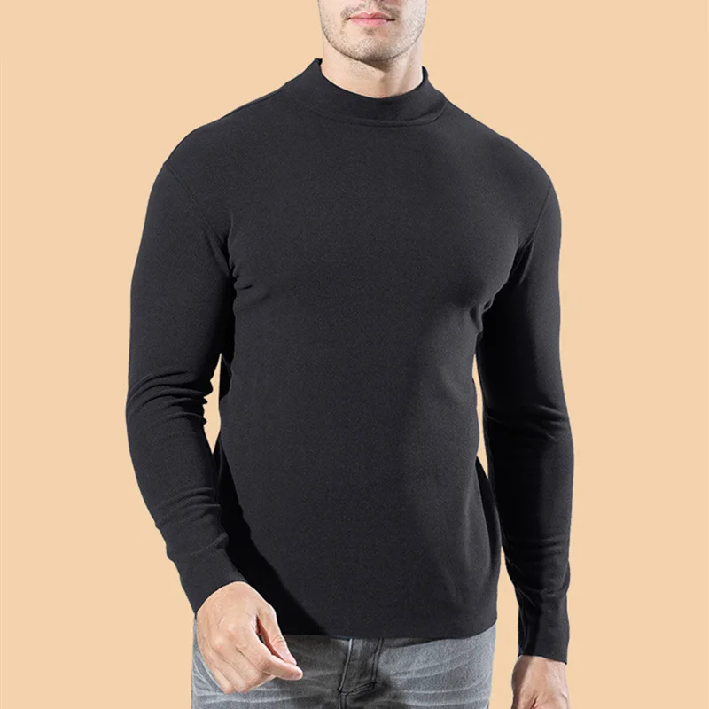 Hot Winter Warm Men Mock Neck Basic Plain T-shirt Blouse Pullover Long Sleeve Top Male Outwear Slim Fit Stretch Fashion Sweater