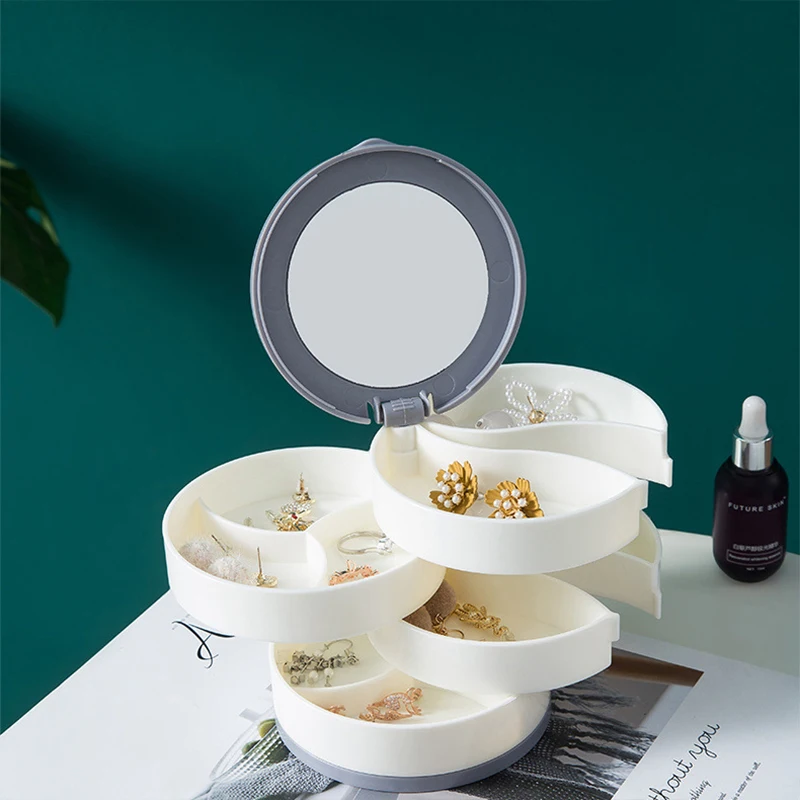 1pc Jewelry Stand Holder Display Tray Multilayer Rotating Jewelry Storage Box With Mirror Plastic Makeup Box