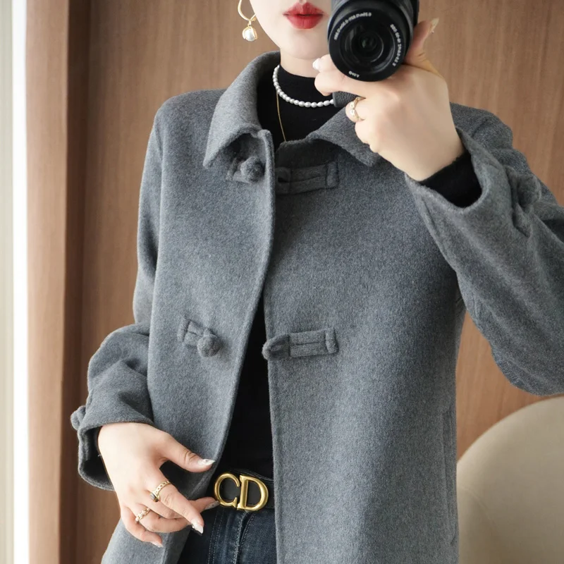 Spring and Autumn New 100% Pure Wool Double-Sided Wool Coat Women's Short Chinese Style Button High-End Coat