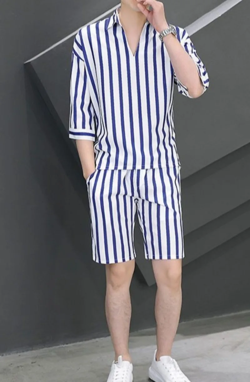 

2026 New Style Men Short Sleeve T Shirt Summer Loose Two Piece Set Striped Shirt Fashion Brand Trendy