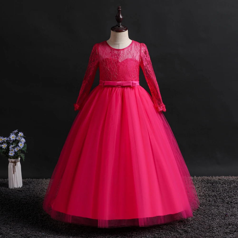 Dress Girl 8 Colors 120cm-170cm Long Sleeve Wedding Party Children Ball Gown Lace Performance Vestidos Kids Skirt