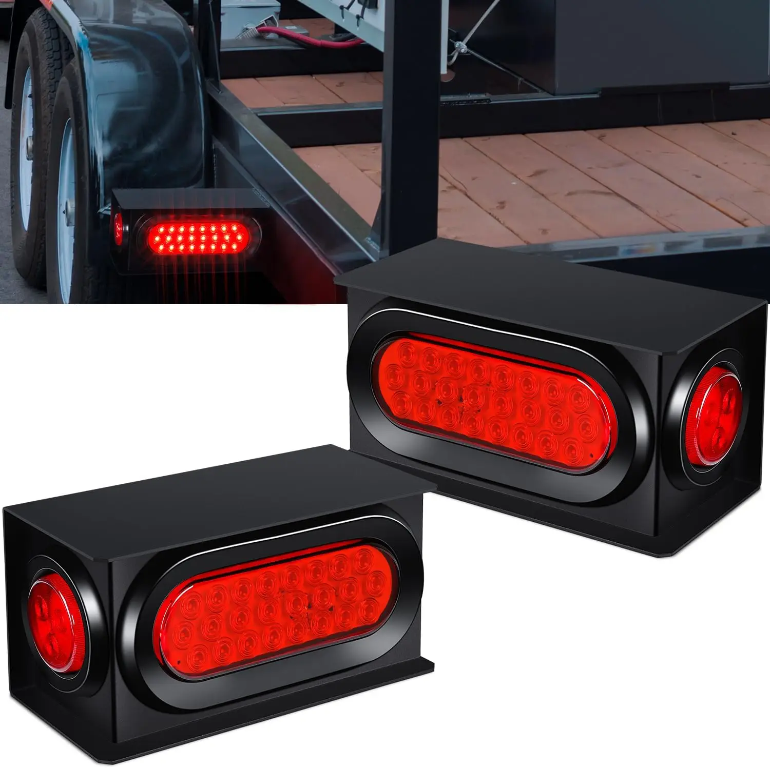 

Trailer Lights Kit with 6' LED Oval Tail & 2' Red Round Side Lights, Welded Mount Steel Boxes, 2 Pack