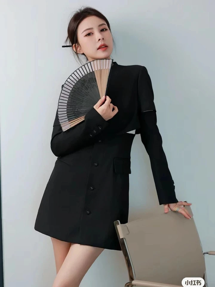 2024 Spring Fashion New Women High Quality Black Casual Chic Dress for Female