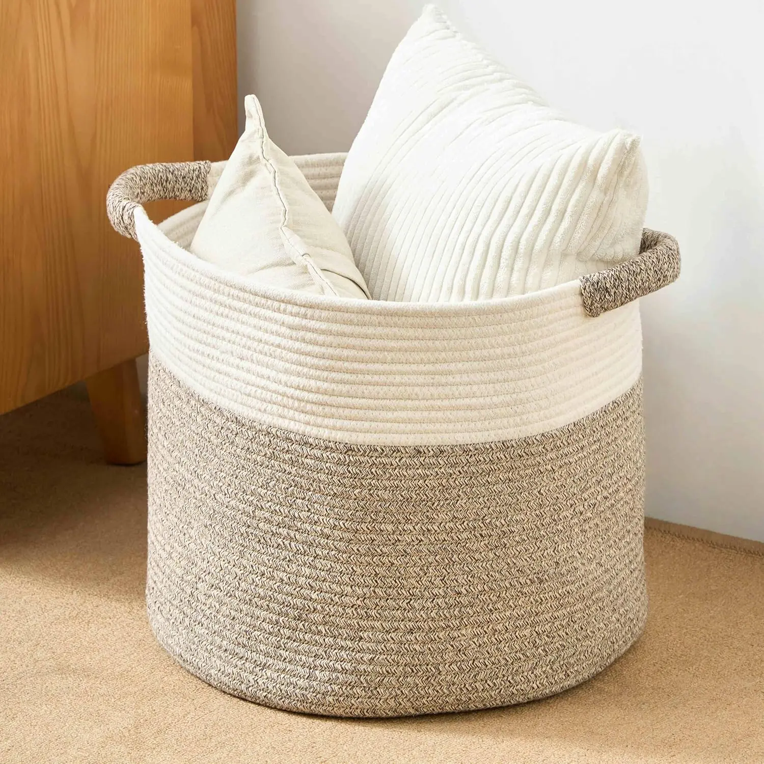 

Round Woven Rope Storage Basket, 16"D x 14"H - Perfect for Living Room Throws, Pillows & Laundry - White/Mixed Brown
