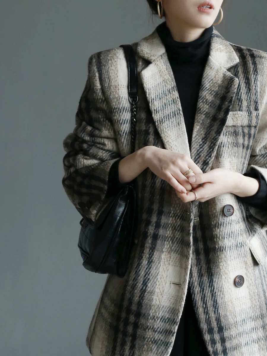 

Warmo2026 Winter Vintage Plaid Suit Jaet Women's down Inner Casual Woolen Plaid Top Single Button Long Sve Straight Cut