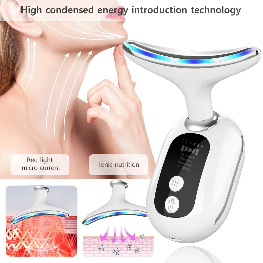Masajeador EMS para estiramiento del cuello, dispositivo de doble barbilla, estiramiento de la piel, fotones LED, antiarrugas, rejuvenecimiento, masaje Facial