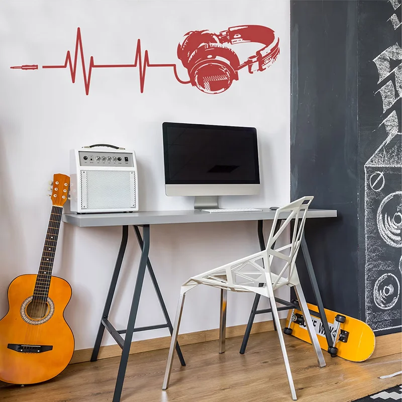 Music Heart Rate Dj Headphone Sticker for Teen Boys Room Bedroom,Music Recording Studio Decoration Decals Removable Mural Q052