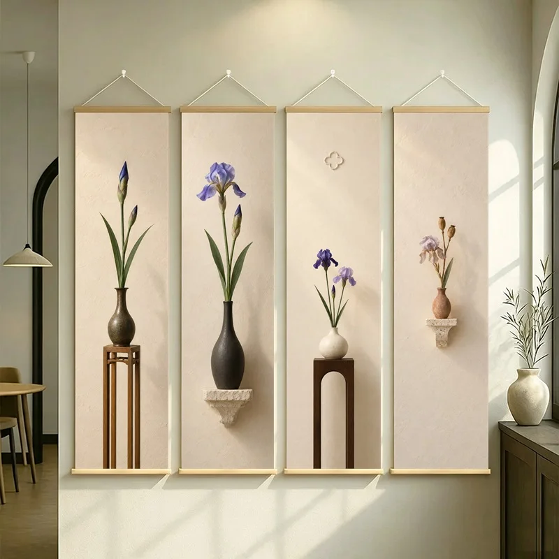 Iris Wall Art 4-Panel Purple Floral Vase Hanging Scroll Set on Cream Silver Shimmer Canvas for Elegant Bedroom Decor